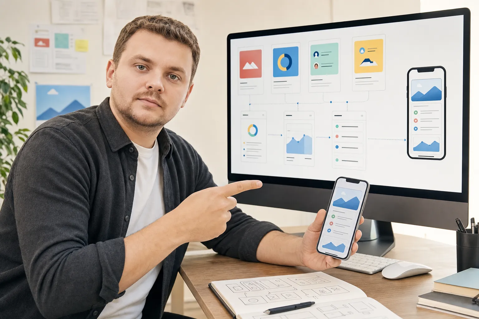 Bohdan explaining an original app screen structure and device preview
