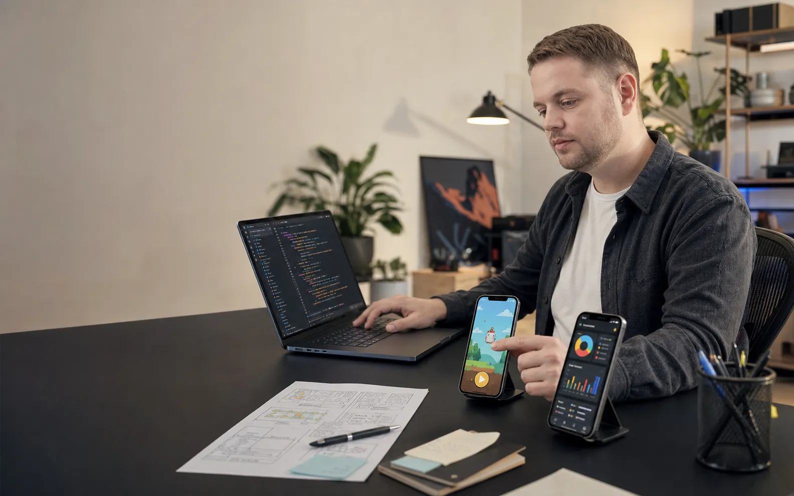 Bohdan Natiahanchuk developing and testing an original iPhone app and 2D game